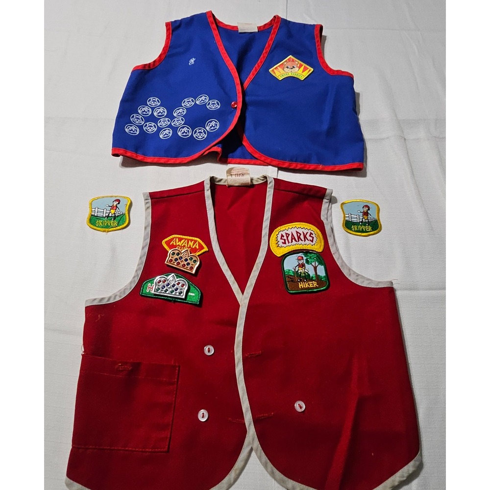 2 Vintage AWANA Uniform Vests Lot Cubbies Sparks‎ Patches Youth Red Blue